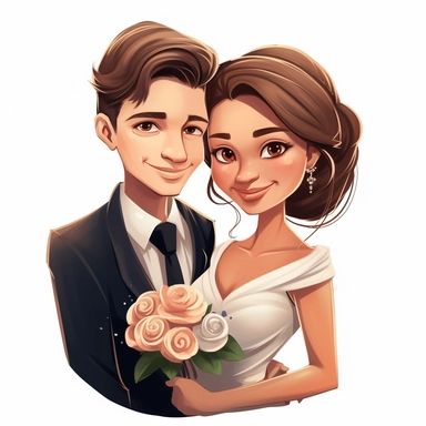 portret of a Cartoon wedding pair, just married, cute family, style by Lusy Fleming, clipart elements, smooth gradients, black contour outline, ultra detailed, white background, super clear, high quality