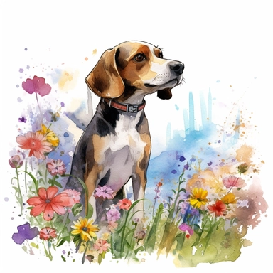 Curious Beagle exploring a colorful flower garden, white background, watercolor clipart