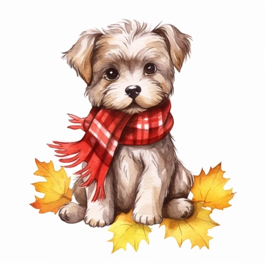 Cute puppy dog wearing a scarf，sitting teddy bear, Watercolor hand drawn style, teddy bear, maple leaf, red maple leaf, yellow maple leaf, 8k, HD, watercolor clipart, With white background for removing, no text on image