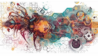 technological background with colorful hexagons and lines, in the style of white background, shaped canvas, light azure and dark amber, light gray and magenta, cybersteampunk Geometric vector shape graded blend filled, in the style of adonna khare, swirling psychedelic flourishes in electric circuit pattern white background, clipart
