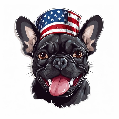sticker, background american flag, black french bulldog, open mouth, in style Independence Day in usa, hat with an american flag, clipart