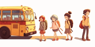 different back to school clipart pictures kid walking and running over to the school bus, in the style of charming anime characters, emotive body language, animated gifs, detailed costumes, red and beige, toy-like proportions