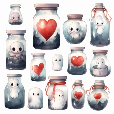 Collection of little flying baby ghost face, transparent glass jar and red love heart. Hand drawn watercolour graphic drawing on white, cutout clip art elements for print, invitations, banners, cards