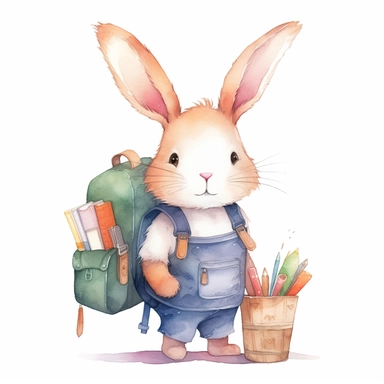 Watercolour cute little bunny carrying school bagpack clipart, 1st day of school feeling, warm, white background