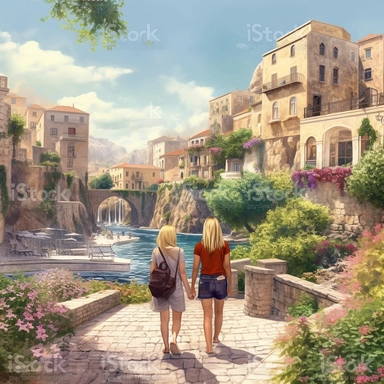 panoramic view, full view, landscape, two beautiful female best friends with blonde hair walking arm in arm smiling and chatting, beautiful faces, along a cobblestone walkway in a beautiful mediterranean town with view of beautiful blue water, cascading bougavanelia, beautiful summer day, illustration clipart, photo realistic, romantic, fantasy, ethereal, sharp focus, high detail,