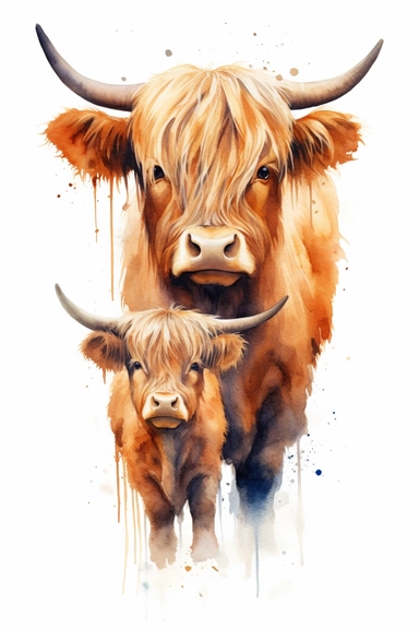 detailed watercolor illustration of cute highland cow and calf, clipart, plain isolated white background, 8k ultra detail high sharpness