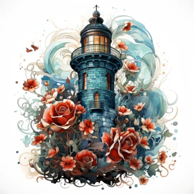 Gothic petals lighthouse Clipart, Watercolor, hyper realistic, intricate detail, illustration style, high resolution, on the white background