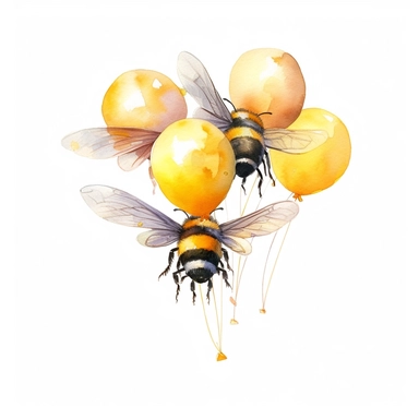 watercolor art of bumble bees with balloons, in the style of realistic and hyper-detailed renderings, sketchfab, ahmed morsi, realistic watercolor paintings, use of common materials, handcrafted designs, with white background clipart