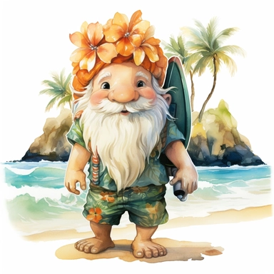 gnome surfer in Hawaii beach outfit, vibrant color, clipart, watercolor illustration, white background