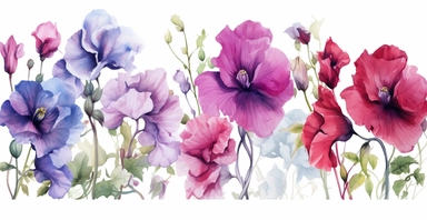 Watercolor realistic Hollyhock, iris, morning glory orchid and peony floral cliparts with white background