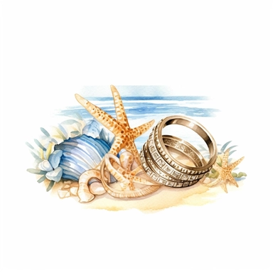 Craft an intricate watercolor clipart of decorative wedding rings, featuring intricate designs and delicate blue accents, adding a touch of elegance to your beach wedding stationery or decor ,Weeding on the beach, Watercolor, Detailed, sweet, majestic, high resolition, transparent background, no captions