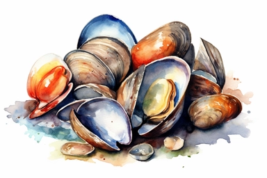 Watercolor, Clams, Seafood, clipart, hd, on a white background, spaced out