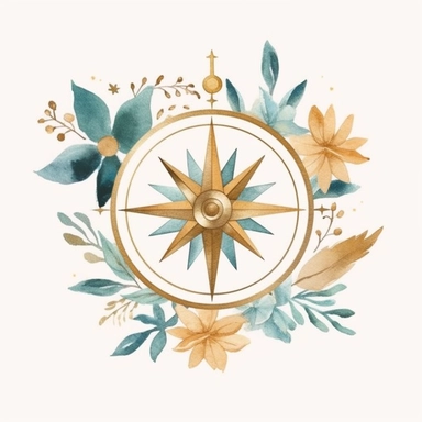 basic watercolor gold compass with teal florals in minimal hand drawn style, Etsy, textured, clipart, white background