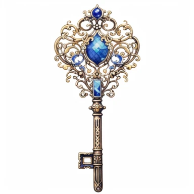 Watercolor intricate steampunk illustration of key with blue sapphire, clipart on white background, HQ, HD