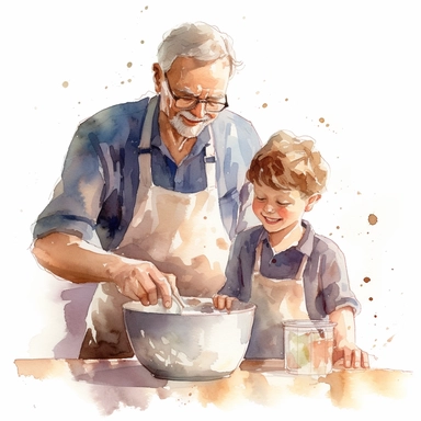 fathers day, grandfather and young son, mixing cake mixture in bowl, kitchen, happy, smile, watercolour clipart