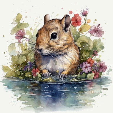 clipart de ardilla bebiendo agua de un charco rodeado de flores, acuarela, 16k, hiper minimalista, megapixel, full color, super detailed, realistic watercolor paintings, in the style of 32k uhd, realistic animal portraits, precise draftsmanship, high quality