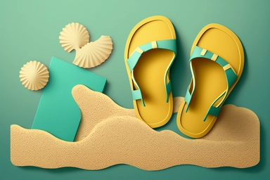 flip flops on the beach clipart, in the style of minimalist backgrounds, rendered in cinema4d, light teal and dark yellow, installation creator, smokey background, nostalgic scenes, cardboard