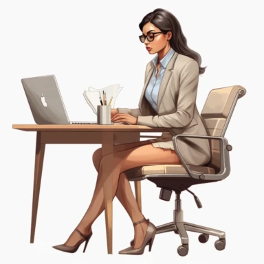 chic latino lady boss sitting at the desk and working on laptop, realistic illustration, clipart, isolated on white background, 4K