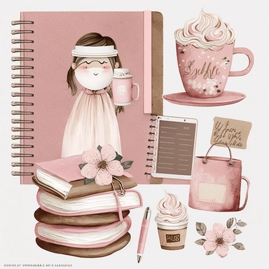 white and pink illustration clipart planner girl book stack pink purse coffee cup clip art pink