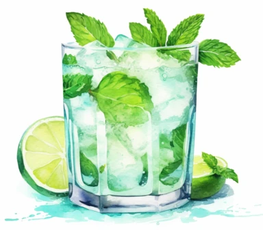 Watercolor clipart of summer drink, Mojito: This popular cocktail combines rum, lime juice, fresh mint leaves, sugar, and soda water. It's a delightful and refreshing drink, perfect for hot summer days, intricate details, vector, hyperrealistic, white background, no splashes, no text, no watermark