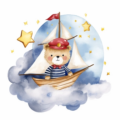 dreamy dark night sky clouds and a swarm of golden stars. a cute happy chibi plushie sailor bear in a blue and white striped shirt and a sailor hat and a small red bowtie, in a wooden sailboat with a white sail, sailing on fluffy clouds, not sea. prominent visible brush strokes, watercolour texture, watercolor clipart png on white background