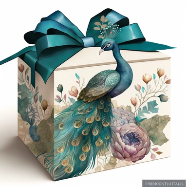 clipart watercolor flat box in peacock pattern with huge long bow on top