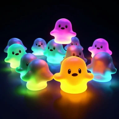 clipart, A group of cute, neon-colored ghosts floating in a dark night sky. Each ghost should have a unique expression and be adorned with glowing accessories like hats or bows. The ghosts should emit a soft glow, creating an enchanting scene. Camera setup: Close-up shot with a macro lens to capture the details of the ghost characters. Use a low ISO to minimize noise and enhance the glow effect