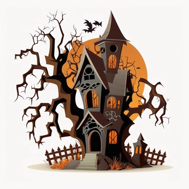 halloween haunted house with spooky decorations. cartoonish design. white background. no tags. CLIPART!!