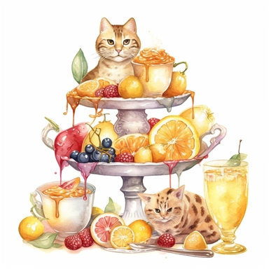 sweet colorful, gold, watercolor, honey Lemons Clipart, Macaroon,cupcake, boba tea, variety of fruit juice drippin, on luxury stand, luxury Icon Set, with kitten, detailed, isolated white background, hand painting , single design