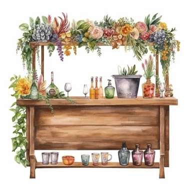 watercolor, hyper realistic, white background with margins, 8k, ultra detailed clipart a wooden bar decorated with greenery and florals, serving drinks for the reception, wedding, brown and green