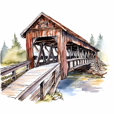 watercolor covered bridge, clipart, islolated on white background
