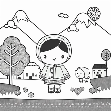 Landscape, simple, traditional costume, local food, animal, educational, history, and cultural diversity, clipart style, cute, picture book style, captivating, kid friendly cute character, black and white, coloring book, not color style, cartoon style, vector image, simple, line art style, character, white background
