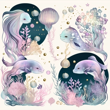 under the sea flowers and fishes elements, digi art, clipart, realistic pastel colors, light magenta and light indigo, maximalism, whimsical , subtle color gradations, gold and silver, minimalist,
