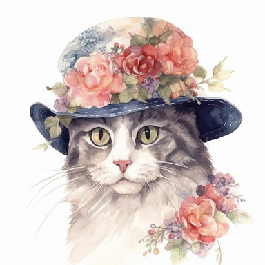 watercolor art adorable cat in fancy hat clipart, hd white background
