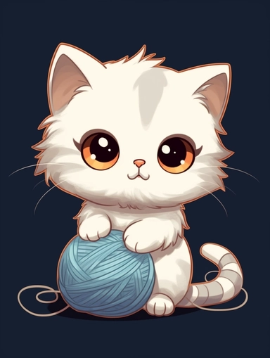 cute little cat playing with a ball of wool, very annoyed and moody, frowning, vector illustration, clipart style, 2D, kawaii, cute, big eyes, portrait, cartoon