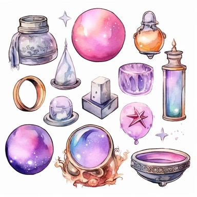 cliparts of other witchy accessories like tarot cards, crystal balls, or mystical amulets, watercolor illustration, cartoon clipart, white background for removing background