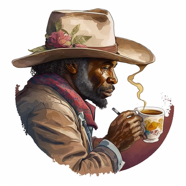 isometric head-shot view of realistic illustration of a modern compassionate, caring and loving older afro cowboy relaxing drinking hot coffee, coffee theme vintage in watercolor style clipart, use darker reath-tones, more darker saturated colors, Banksy artstyle with minimal effects, super creative watercolor, white background