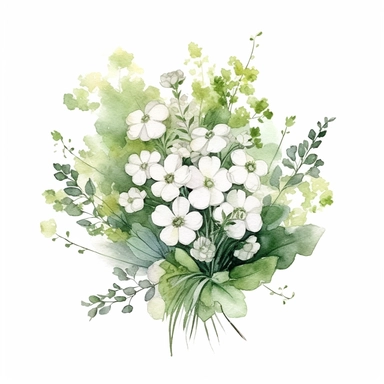 watercolor clipart image on white background with nice clean edges, clear colors and suitable for background removal. flower bouquet, in white and light green colors, cotton flower and tiny buds, baby's breath, naturalist aesthetic, subtle use of shading, cottagepunk