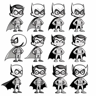 superhero clipart, black and white, white background, line drawing, no shading, multiple poses, cape, for kids, simple