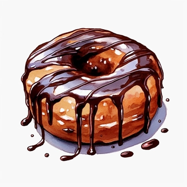 a chocolate frosted Donut in the style of watercolour clipart with detailed brush strokes