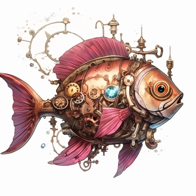 a close up of a fish with a clock on it's side, akehiko inoue and ross tran, a steampunk city, connected to heart machines, rpgmaker, fabulous illustrations, classic children's illustrations, groovival aesthetic, pisces, mechanisms, character creation PNG steampunk fantasy watecolor style white background Clipart