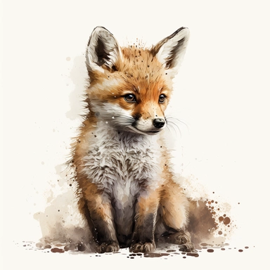Woodland Animal Clipart Watercolor, Transparent PNGs, cute, full body furry baby fox with a butterfly sitting on his nose, emotive eyes, intense gaze