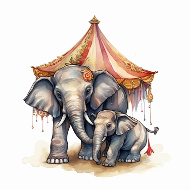 hand drawn Disney’s dumbo the baby elephant, oversized ears, loving his mother, 1920’s circus, glamorous, very detailed and realistic, watercolor, clipart style, white background with margins