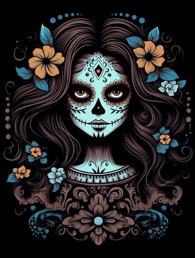 A clipart, Black background, kawaii, happy, in long hair black femme fatale dia de Muertos, Mexico city, julia shem, eric wallis, Junji Ito day of the dead sugar skulls, moonlight, mist, fog, swirling smoke mexican folklore - inspired, muted earth tones, chicano - inspired, a minimalistic modern logo Vector, flat design, gros piton and petit piton, sustainability