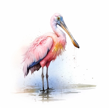 Roseate Spoonbill, use a combination of vibrant colors and subtle variations in color to capture the freshness and vitality of the scene. Let the transparent and flowing nature of watercolors add a sense of lightness and movement to the painting, clipart, plain isolated white background, 8k ultra detail high sharpness
