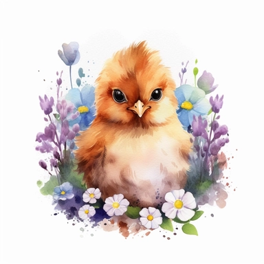 Watercolor Cute Little Baby Chicken, Clipart, Surrounded by flowers, White Background, Isolated, Outlined