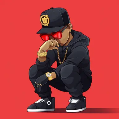 convert into dope boy mascot guy, crouched position, gold watch, gold chain necklace, square black sunglass, cartoon, flat, clipart, high quality, 4k 8k