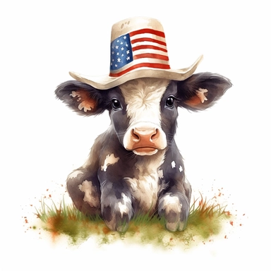 american flag day, water colour clipart, beautiful a calf sitting in grass wearing american hat, background beautiful cow shad, cute, happy, realistic, 8k