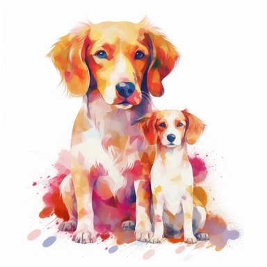 adult female dog with baby dog, clipart, bright colors, isolated white background