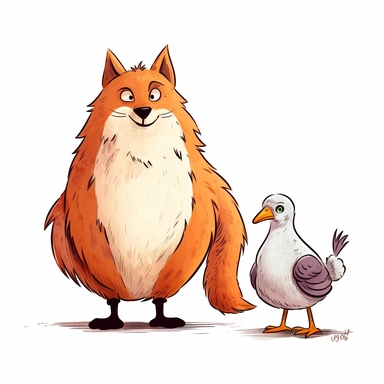a fat Chicken and Fox friend, funny, very funny, clipart with crisp lines and white background
